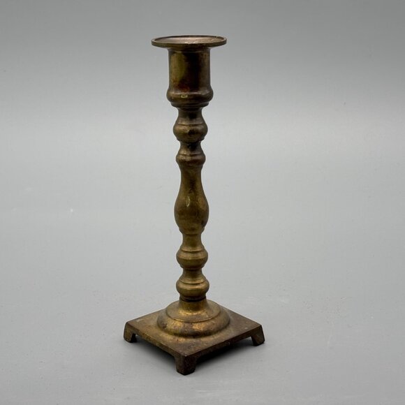 Vintage Brass Taper Candle Holder With Tall Turned Column And Square Footed Base - Picture 5 of 8